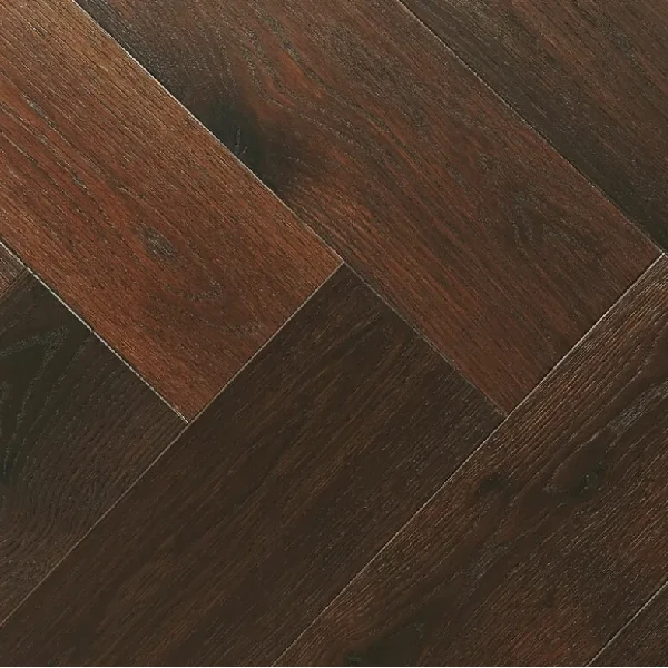 Deep espresso-colored semi-solid wood planks in a herringbone pattern