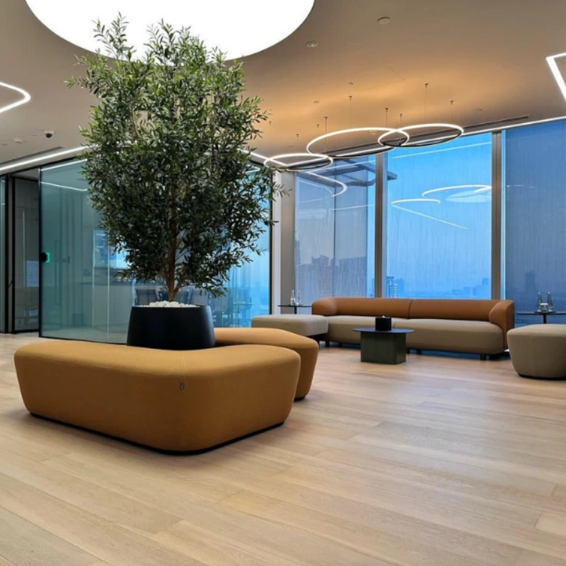 Light-toned semi-solid flooring in a contemporary office