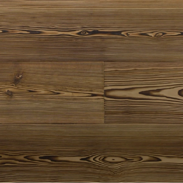 Rich brown semi-solid wood flooring with a deep charred-grain texture