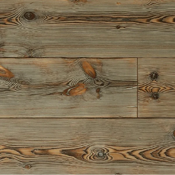 Rustic light-grey semi-solid wood flooring with prominent dark charred grain